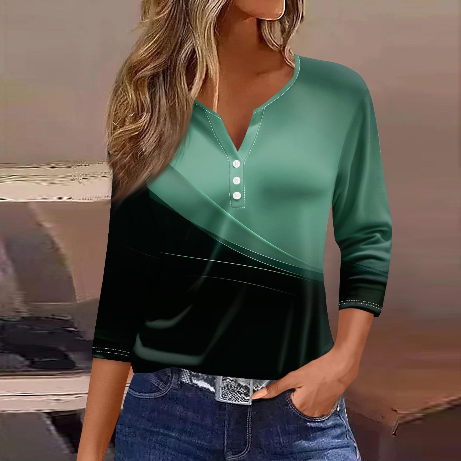 

Жен. Футболка Футболка С принтом Пуговицы Рукав 3/4 Повседневные Выходные Мода Классический V-образный вырез Обычный Топ M циан