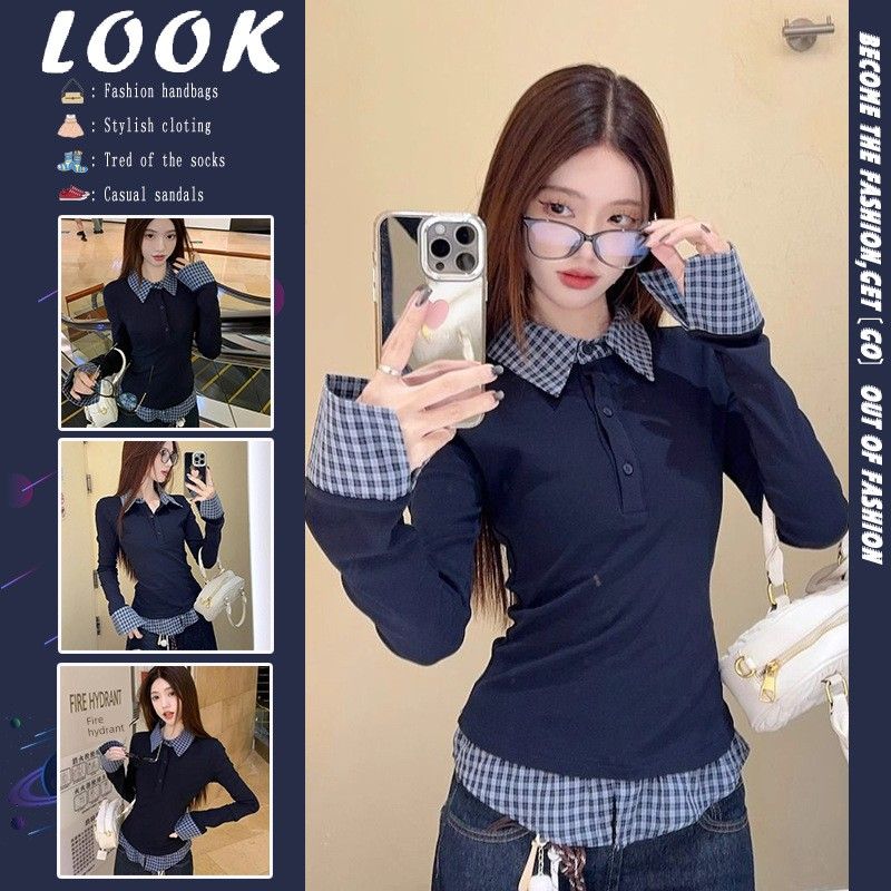 

College Fashion Fake Two-Piece Niche Patchwork Shirt Long-Sleeve T-Shirt for Women, New Spring and Autumn Slim-Fit Waist-Cinching Top Ins Blue Top XL [Excellent Quality]