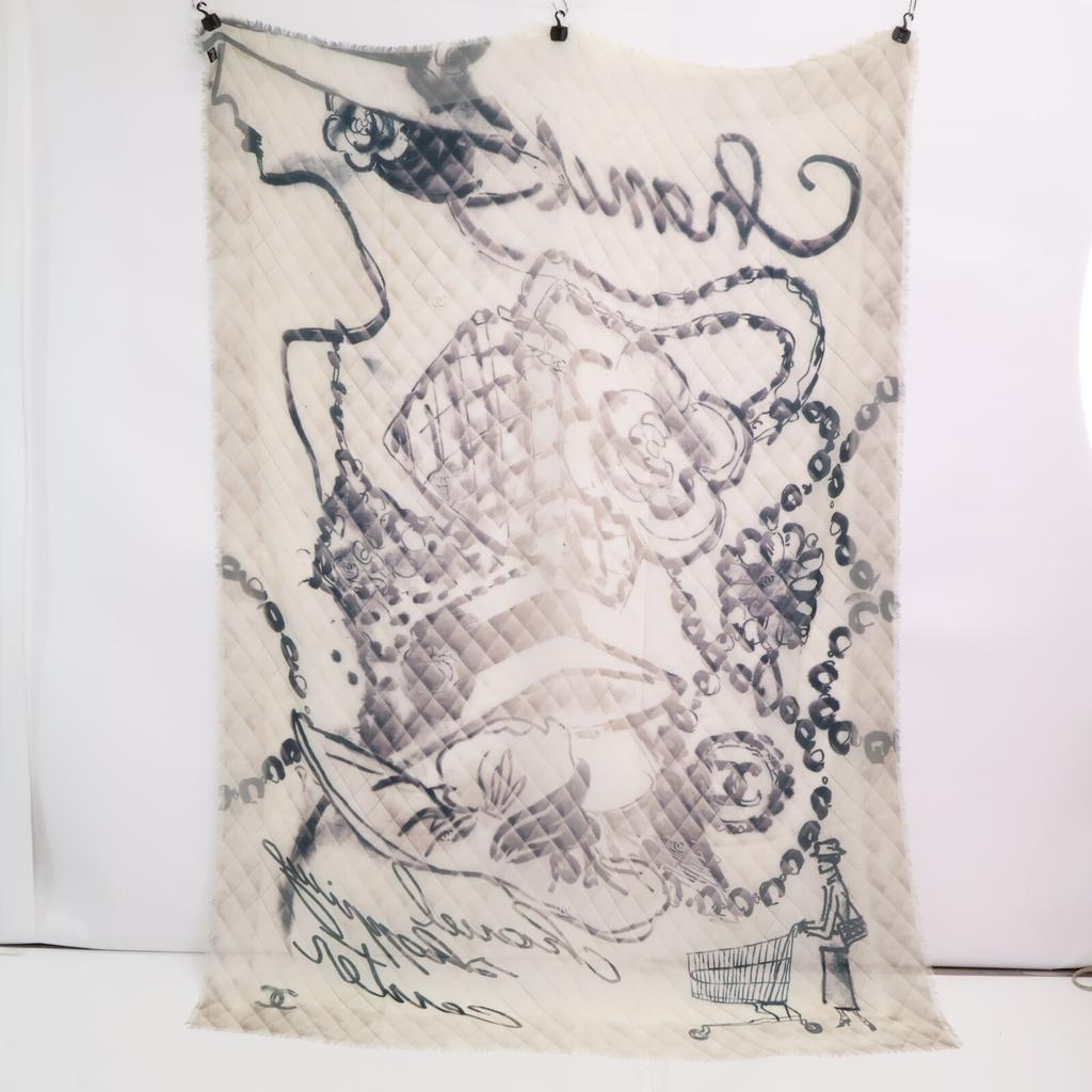 Chanel Camellia/CC Logos Quilted Print Cashmere Stole BeigeUsed