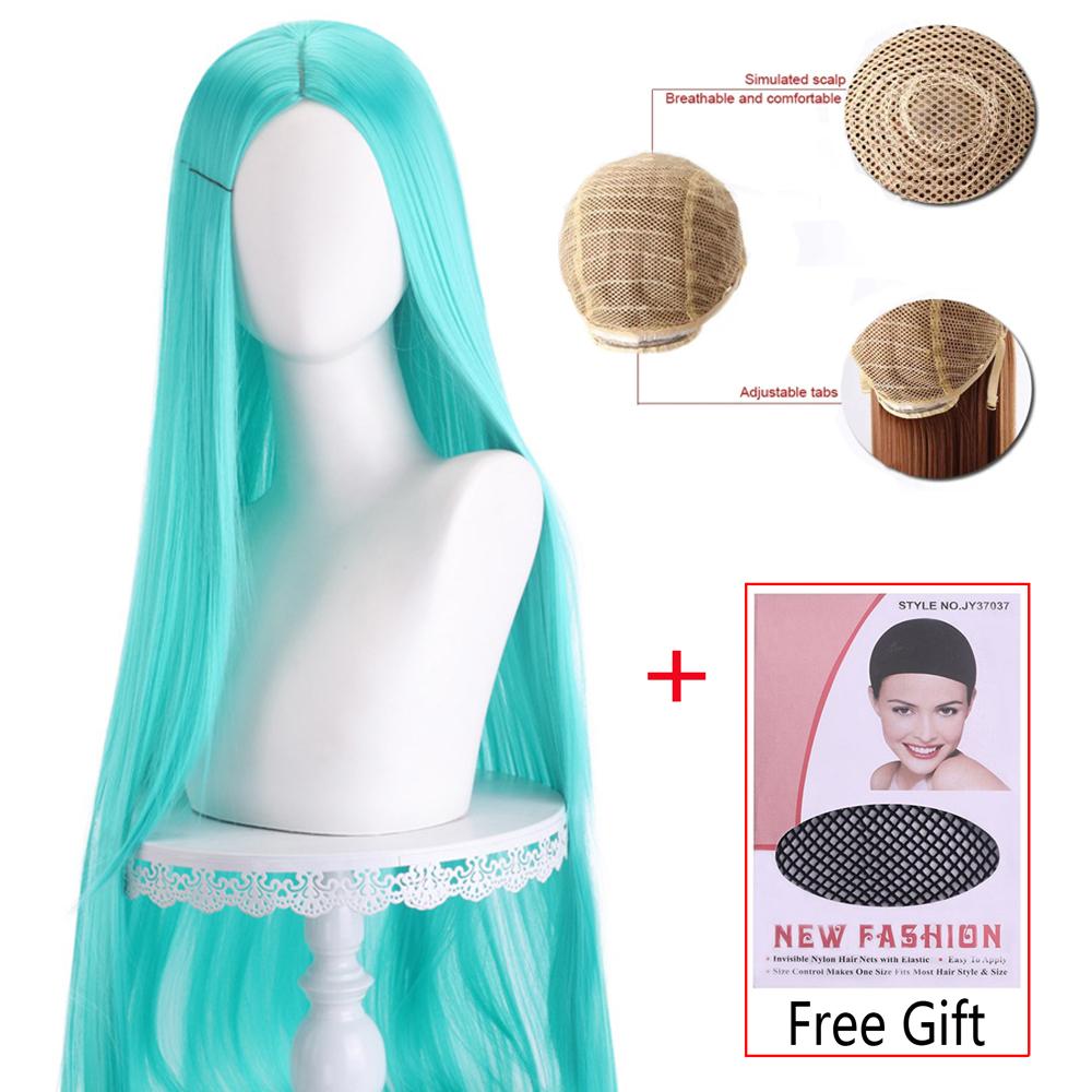 Lange Steile Cosplay Pruik 100cm Midden Scheiding Centraal Gespleten Blond Roze Rood Paars Hittebestendig Synthetisch Haar Pruiken blue