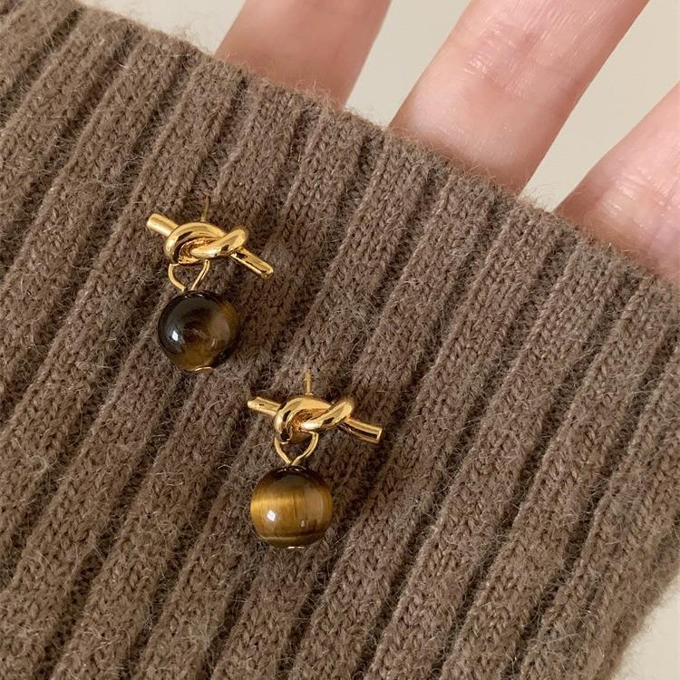 French Maillard Tiger Eye Rope Knot Earrings - Elegant and Exquisite Retro Winter Jewelry for Women