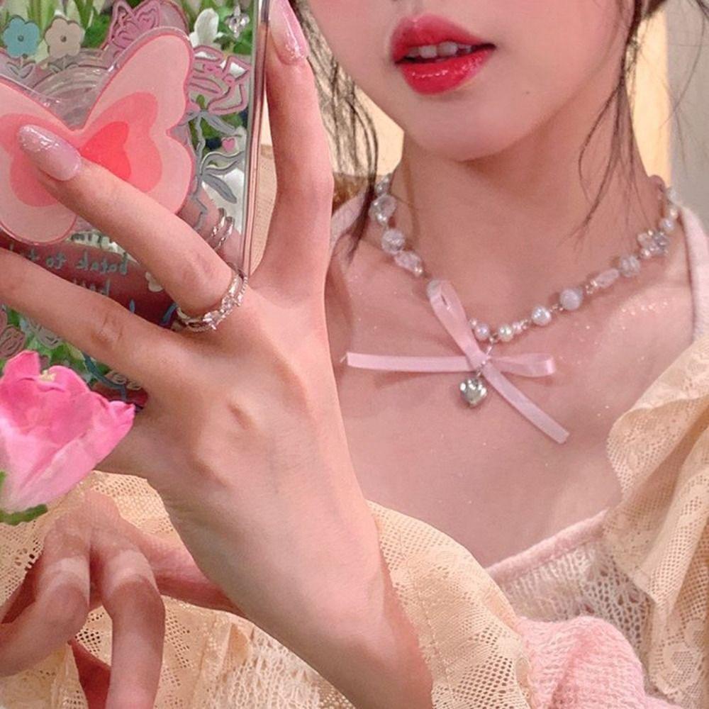 Zircon Bowknot Pendant Choker Korean Style Balletcore Choker Pink Bow Necklace Birthday Gift