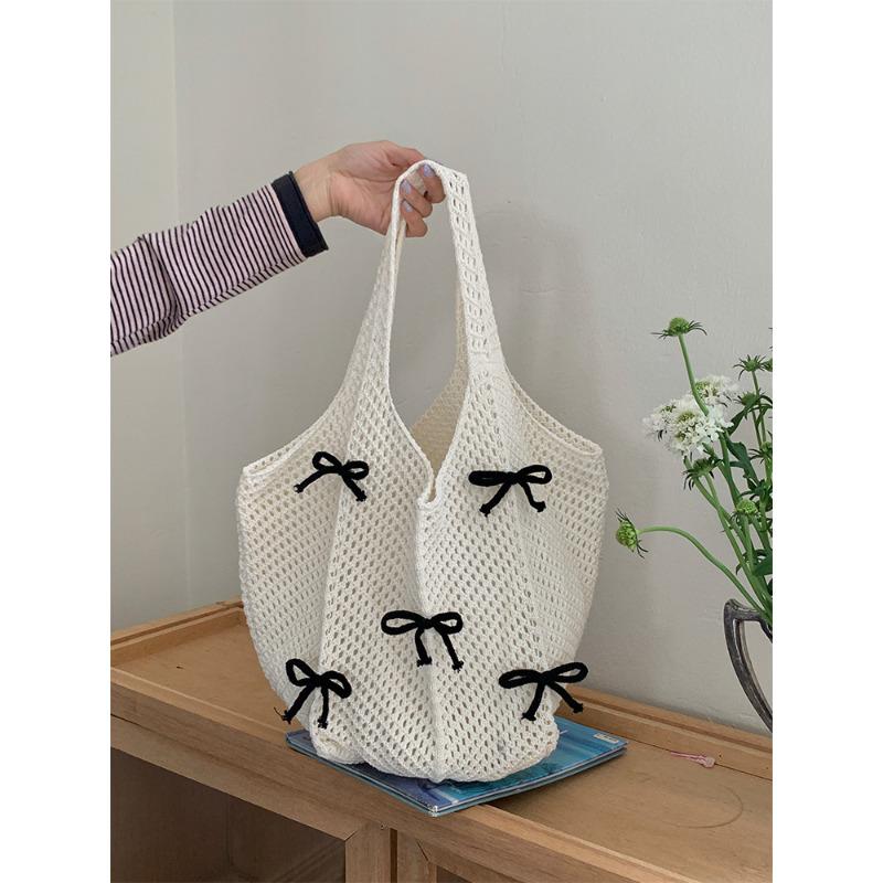 Retro Polyester Knit Tote Bag for Women Bow Woven Shoulder Handbag KTB