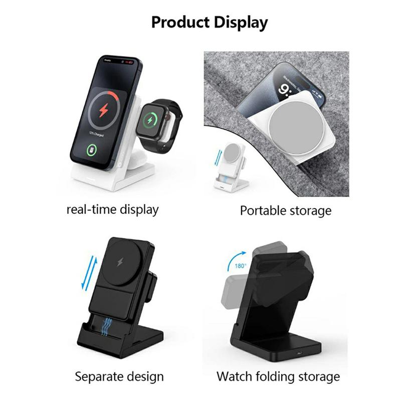 

YF-P7 Watch/Earphone/Cellphone 3-in-1 Charging Stand Detachable 15W Magnetic Wireless Charger Power Bank Black+Black