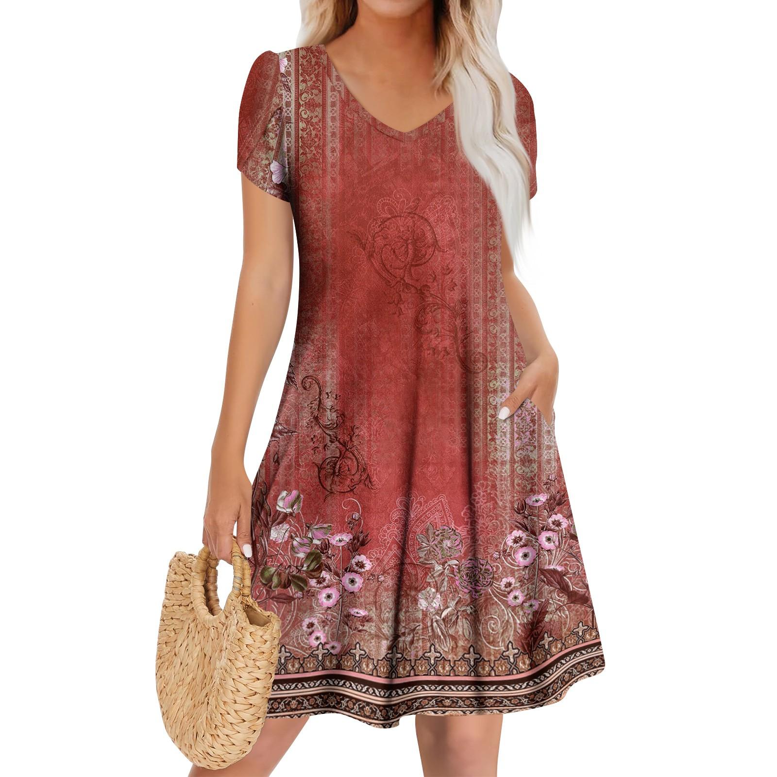 

Women s Casual Fashion V Neck Short Sleeve Dress Stylish Wedding Guest Dress S червоний