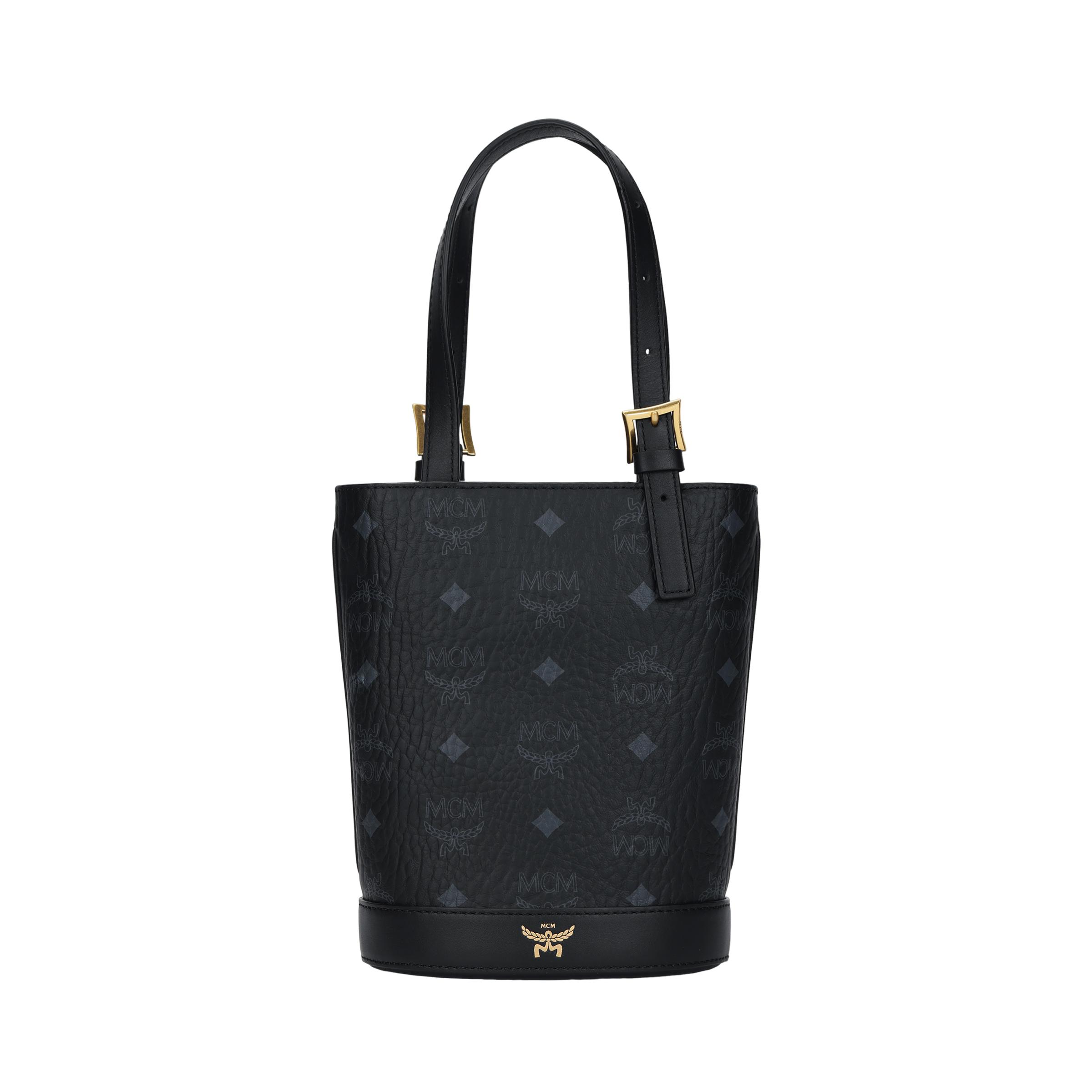 

MCM Black Visetos Pebbled Leather Mini Bucket Tote Bag with Gold Hardware for Daily Use Basic Set (Bag+Dust Bag)