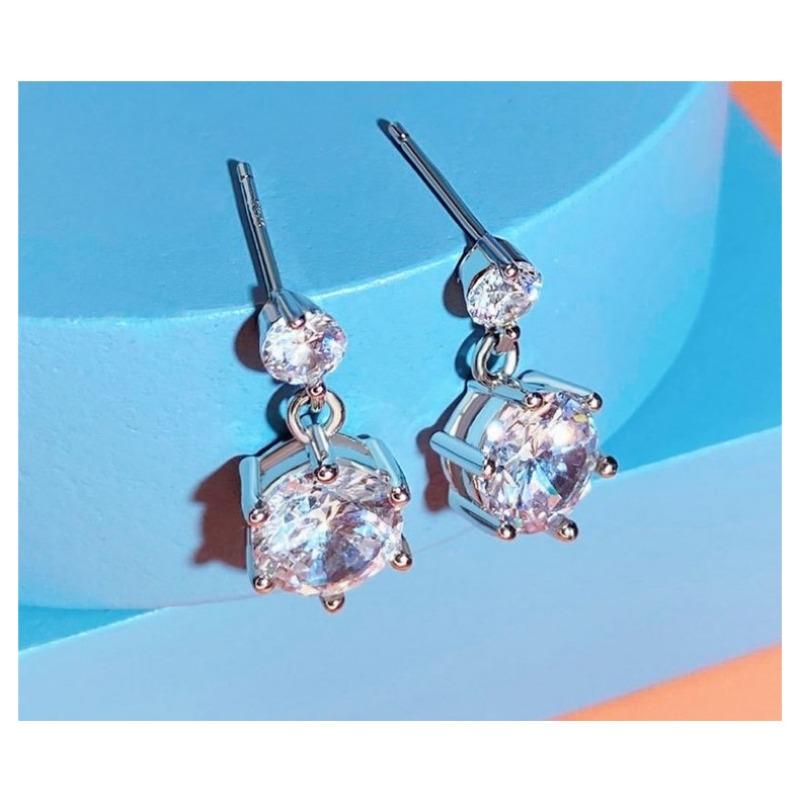 Women Inlaid Shining Zircon Double Zirconia Sterling Silver Pin Geometric Fashion Earrings