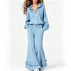 2026 Amazon popular women's clothing casual hooded half-zipper sweater set ruffle edge flared pants two-piece set women