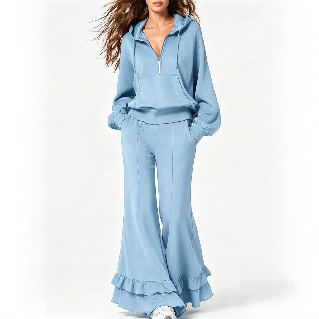 2026 Amazon popular women's clothing casual hooded half-zipper sweater set ruffle edge flared pants two-piece set women