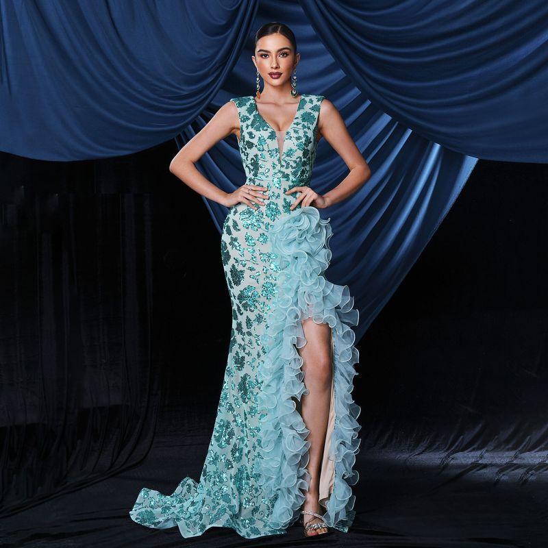 Cross-Border Foreign Trade Dress, European and American High-End Sexy Long Sequined Sleeveless V-Neck Evening Gown Dress Green S