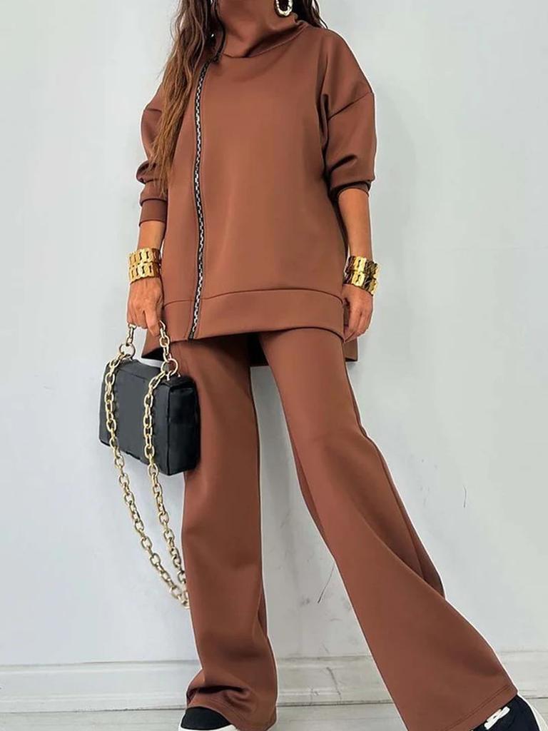New Women's Fall/Winter Solid Casual Loose Fit Zip-Up Sport Shirt & Wide Leg Pants Set