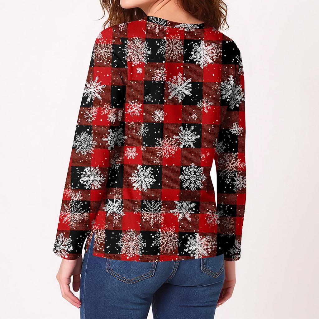 Women's Fashion Casual Slit Hem Round Neck Long Sleeve Loose Printed T-Shirt Ladies Top