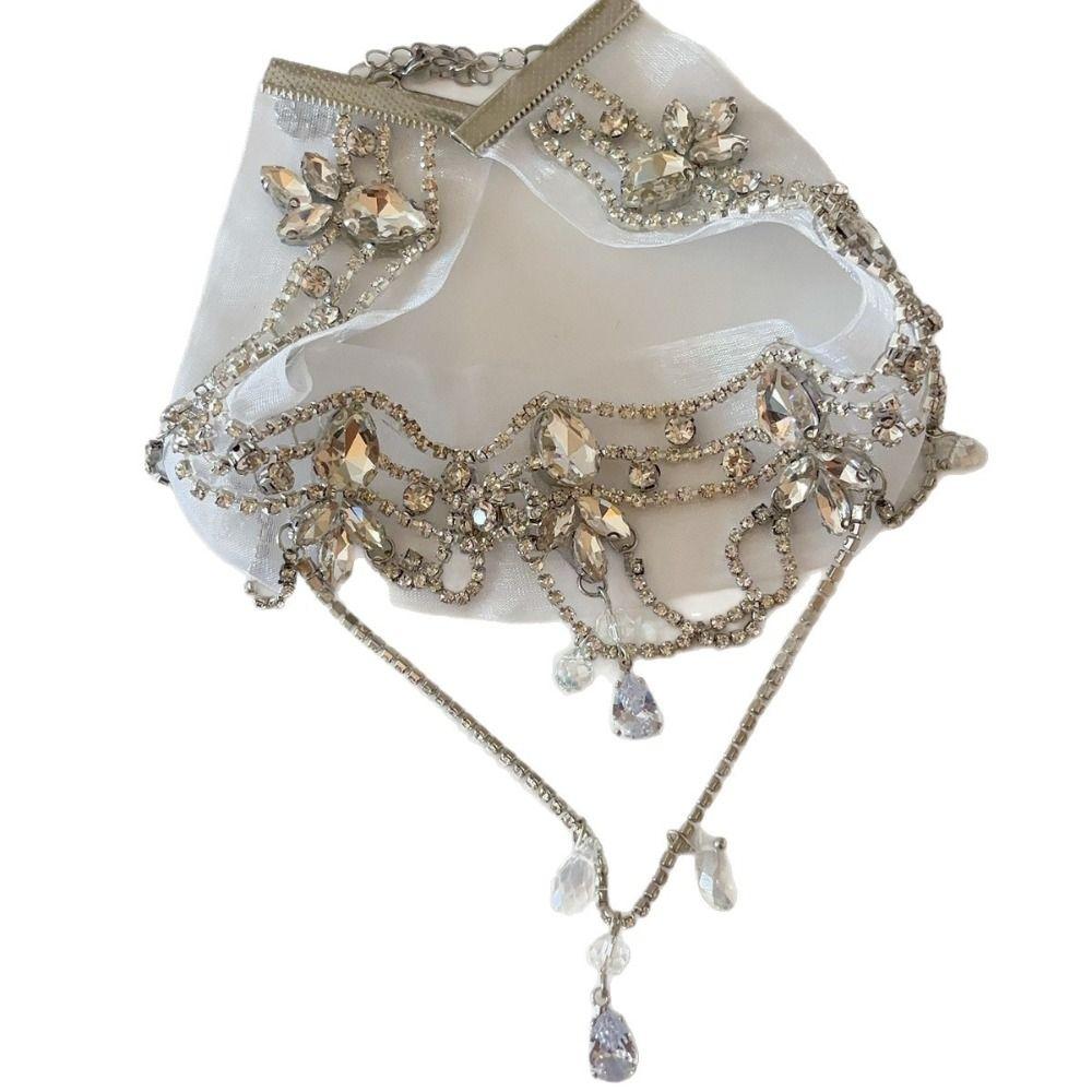 Chiffon Choker Necklace Rhinestone Teardrop Pendant Gifts Collar Necklace Party Outfit