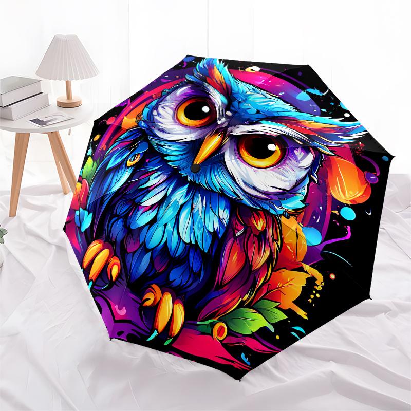 Owl, Abstract Art Automatic folding umbrella simple eight rib design, bright color pattern, durable iron frame, ideal for travel and outdoo