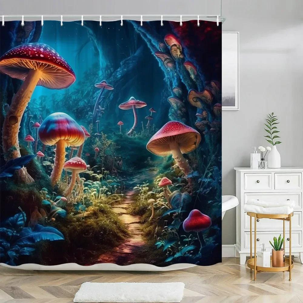 Fantasy Mushroom Shower Curtains Fairy Forest Tree Gothic Panel Jungle Green Zen River Bathroom Decor Shower Curtain With Hooks