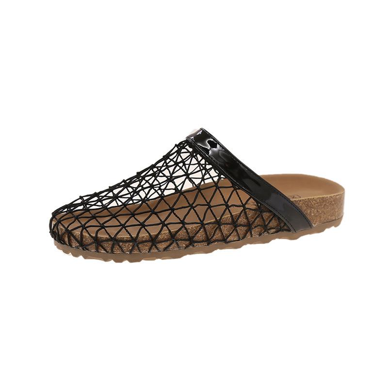 Mesh woven bag head half slippers women's summer wear 2025 new French skirt cool slippers Roman sandals women