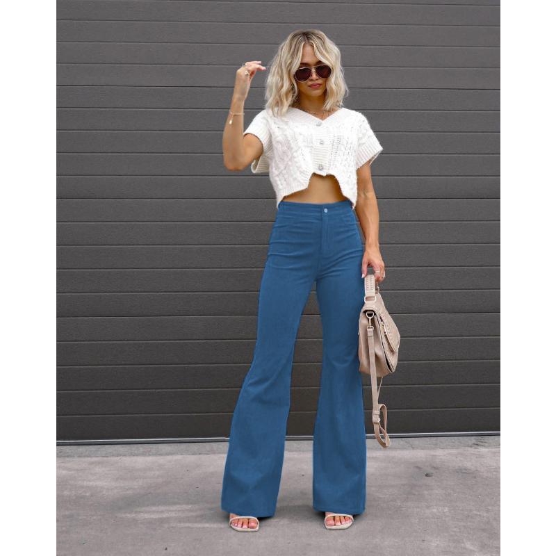 Women's Winter High Waisted Flared Corduroy Pants Solid Color Elegant Stretchy Slim Fit Casual Warm Full Length Bell Bottom Trousers