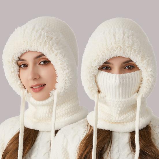 3 In 1 Knitted Hat Women Soft Plush Winter Scarf with Face Guard Adjustable Straps Windproof Hooded Design Scarf