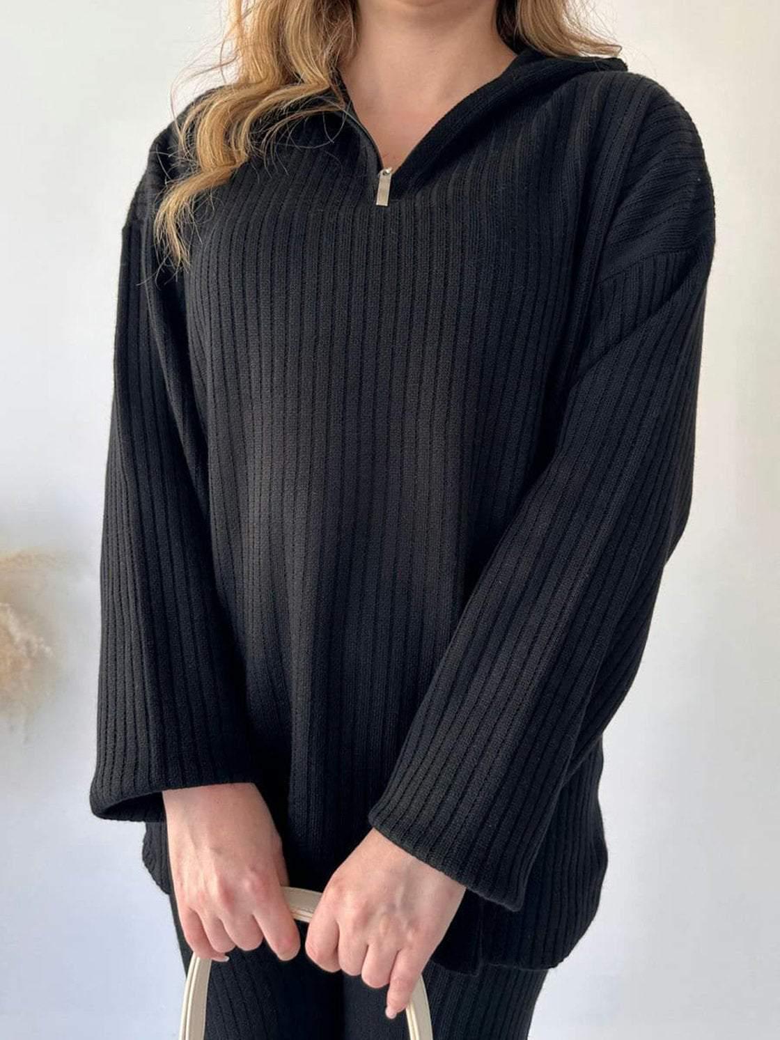 

Spring 2026 Ribbed High Neck Knitted Women s Solid Color Two-Piece Set Large чорний