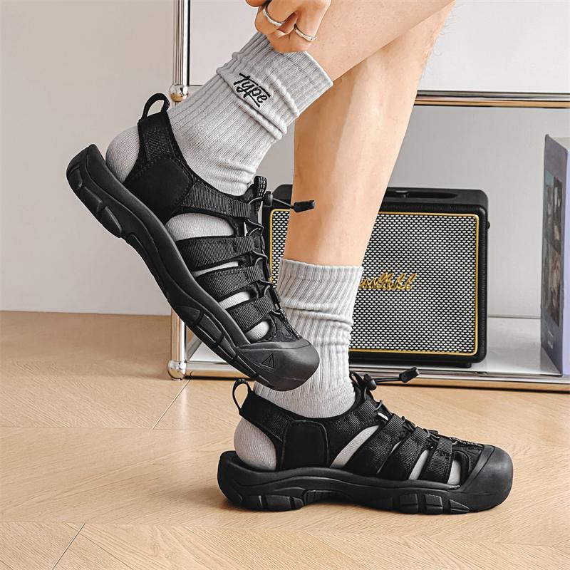 FashionSummer Men Platform Sandals Mesh Genuine Leather Breathable Beach Shoes Outdoor Non-slip Soft-soled Hiking Shoes Waterproof Shoe