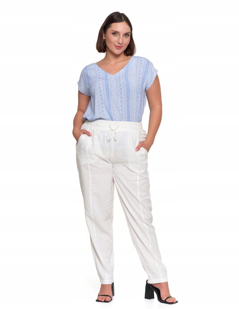 Women's Linen Trousers with Elastic Waistband, Elegant, Straight Leg, MORAJ M WHITE