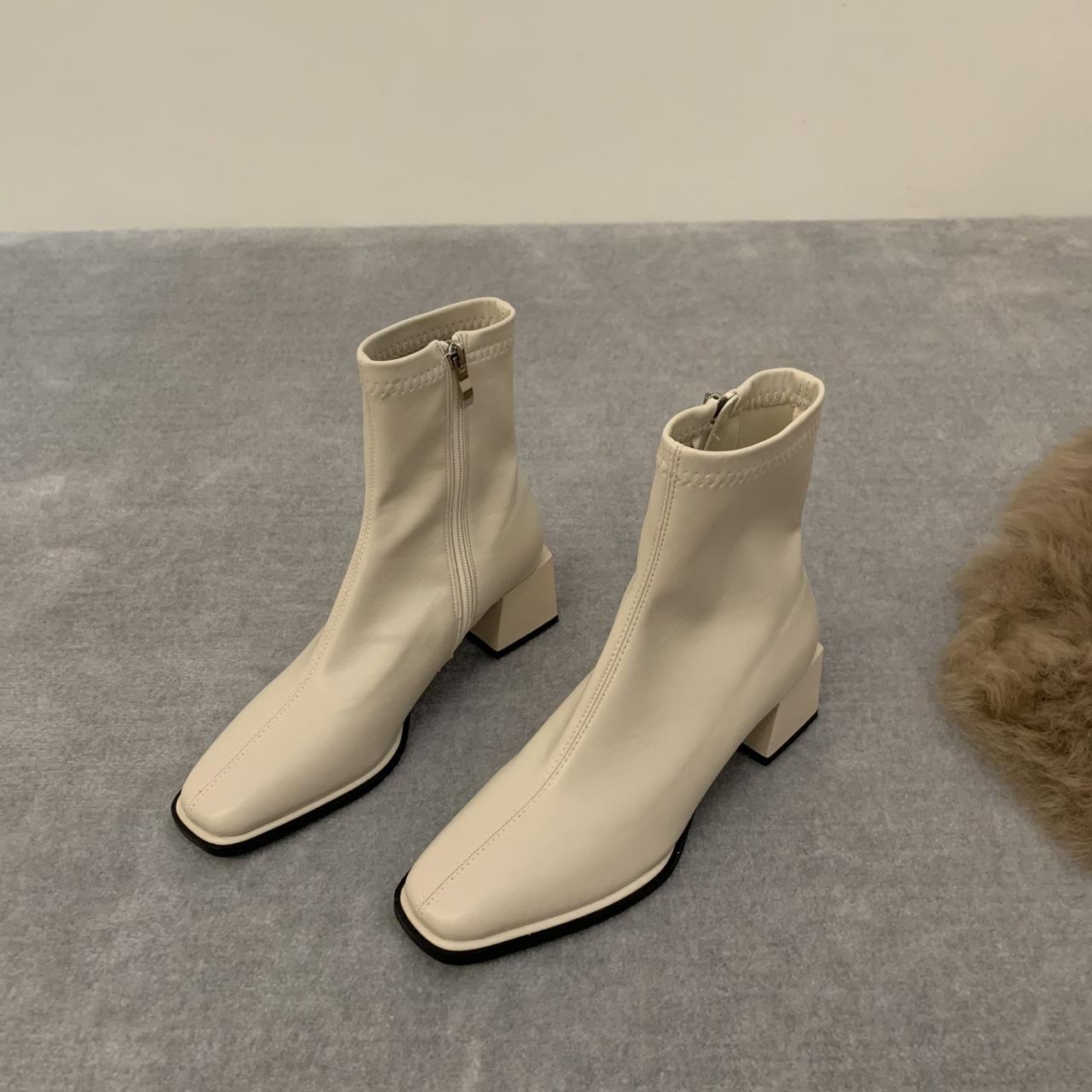 

High Heel Square Head Elastic Skinny French Small Martin Boots Women s Shoes 2025 New Autumn and Winter Brown Martin Boots Women s Boots 39