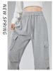 Women's Light Grey High-Waisted Strappy Overalls - Spring/Autumn Wide-Leg Pants with Large Pockets, Casual Sportswear