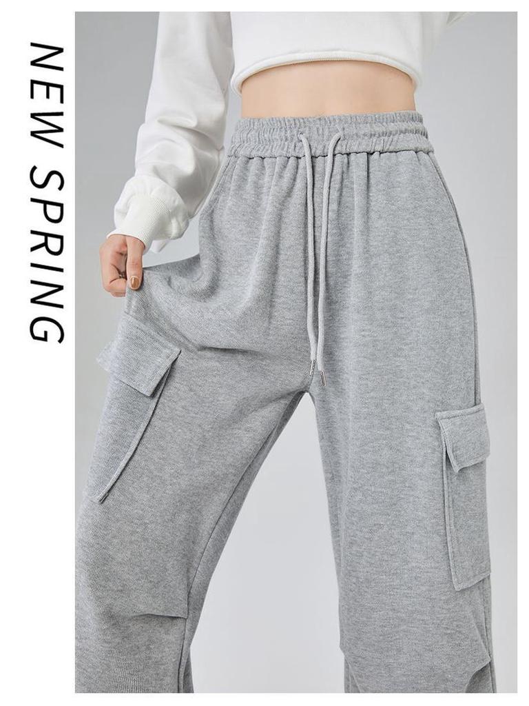 Women's Light Grey High-Waisted Strappy Overalls - Spring/Autumn Wide-Leg Pants with Large Pockets, Casual Sportswear