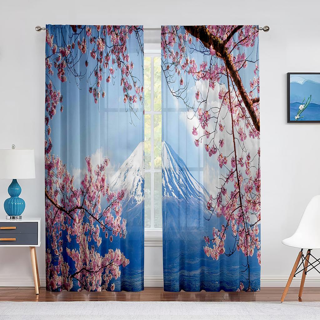 Cherry Blossom Sheer Voile Curtain Floral Sakura Blossom Pink Flower Window Tulle Curtains for Living Room Bedroom Kitchen Decor