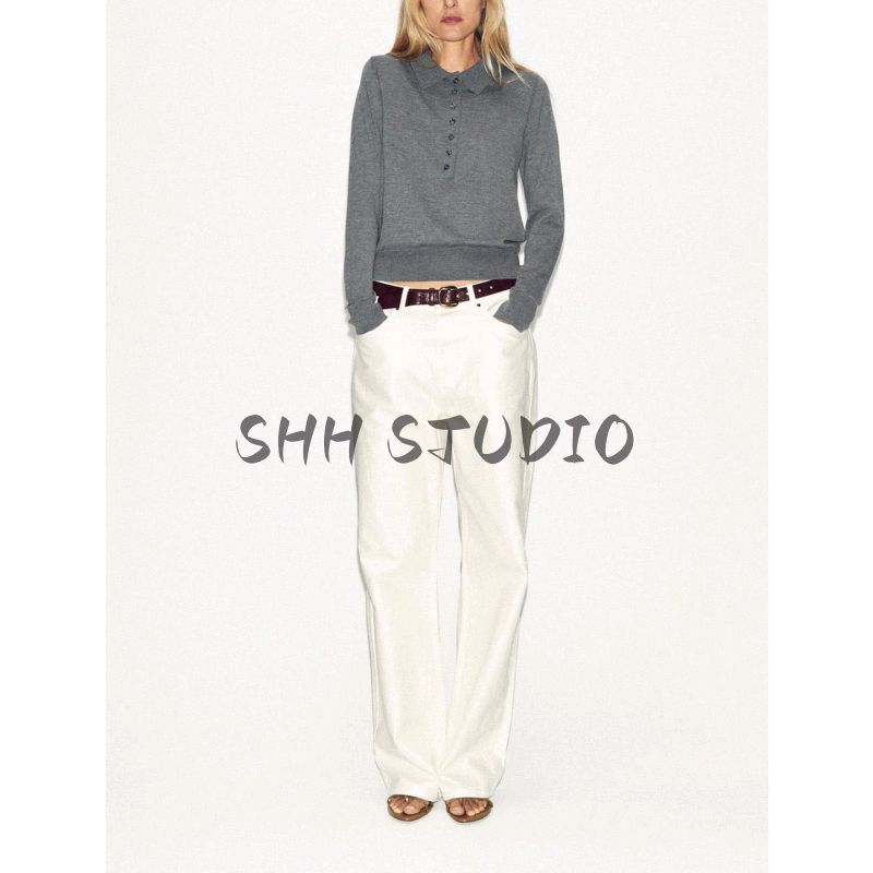 Autumn New Women Clothes Idle Style Decorated Row Button Long Sleeve Polo Shirt Collar Plain Stitch Knit 2142271