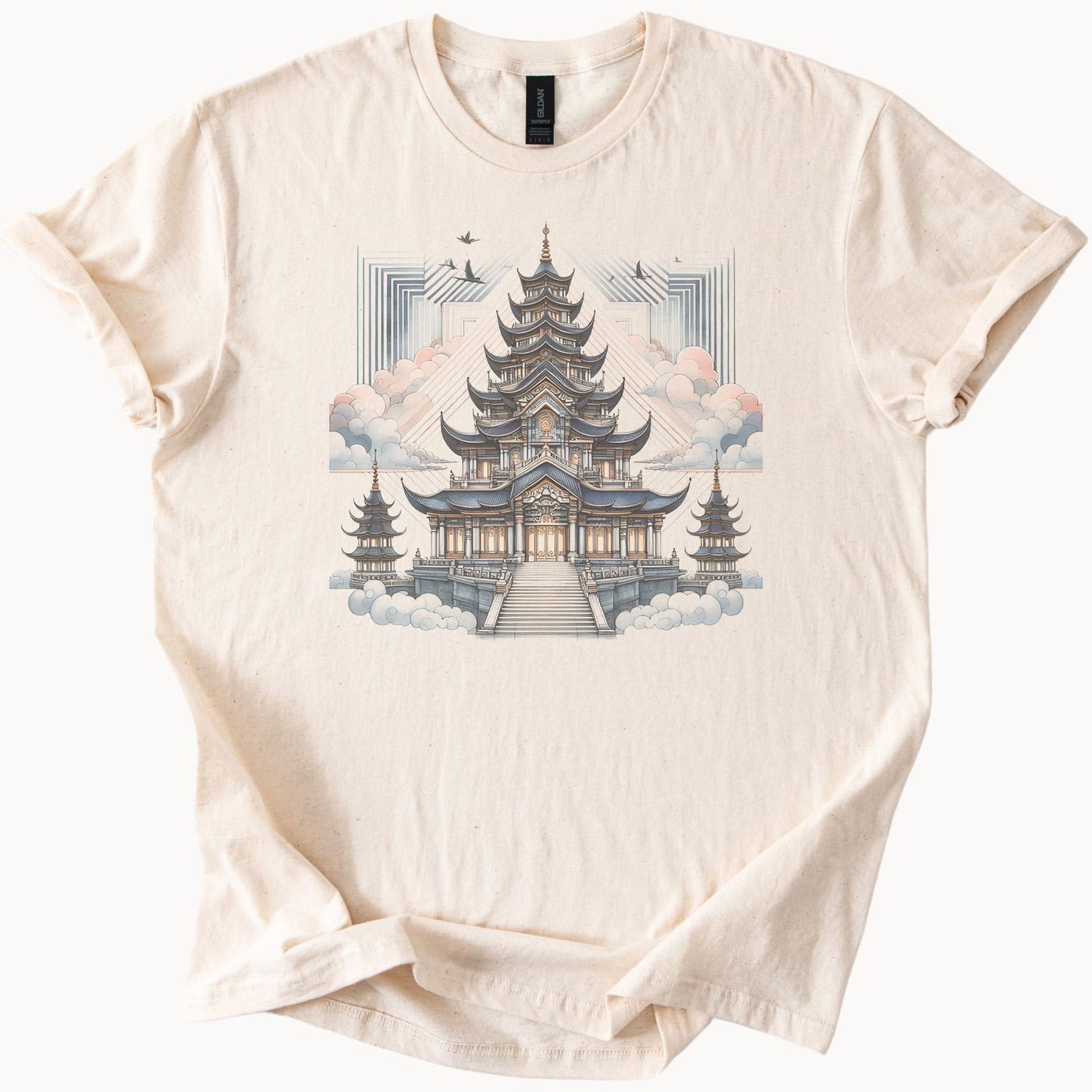 Asian Pagoda Temple Clouds Graphic Tee Unique Japanese Art Shirt 120