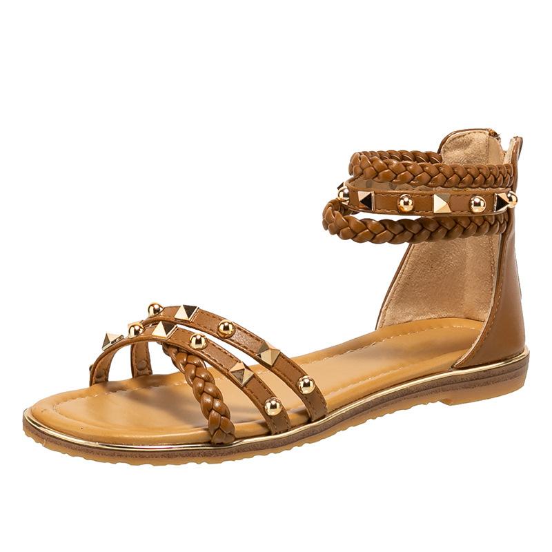 

Fashion Roman style narrow band flat sandals women leather knitted rivets gladiator sandalias mujer metal decoration summer shoes woman 38 коричневий