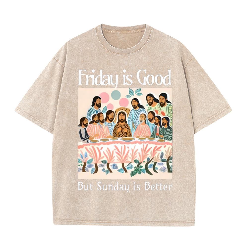 2026 Vintage Washed T Shirt Men Christian Faith Graphic Tees Friday Is Good But Sunday Is Better Casual Loose Crew Neck Short Sl