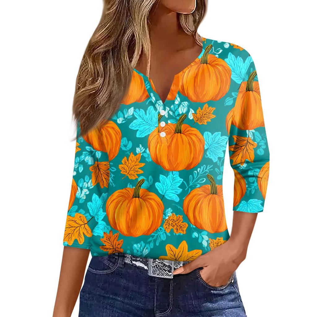 Women's T Shirt Tee Print Button 3/4 Sleeve Daily Weekend Fashion Basic V- Neck Regular Top