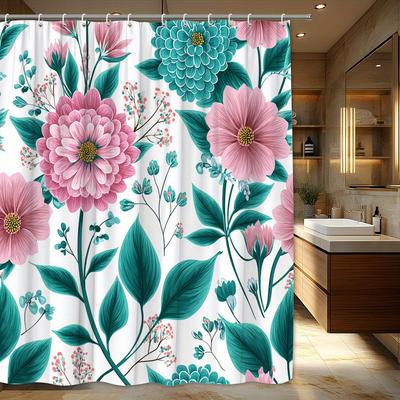1pc Flower Pattern Leaf Bud White Background Retro Shower Curtain, Polyester Fabric, Machine Wash, Suitable for Bathroom