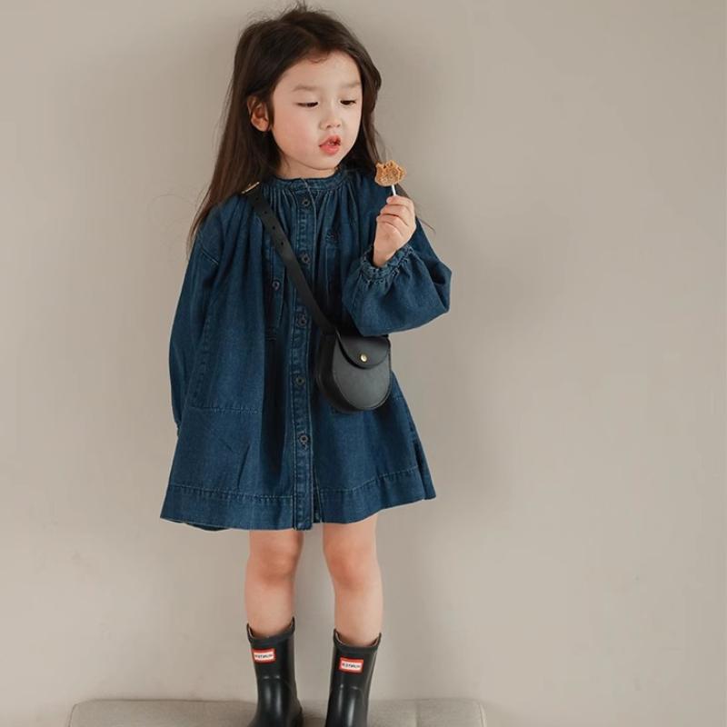 Girls Long Sleeve Dress Solid Color Denim Dress Children Spring Autumn Loose Casual Buttons Tops Dresses for Kids