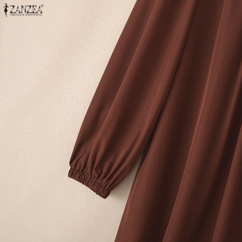 ZANZEA Women Round Neck Loose Long Sleeve Muslim Casual Long Dress
