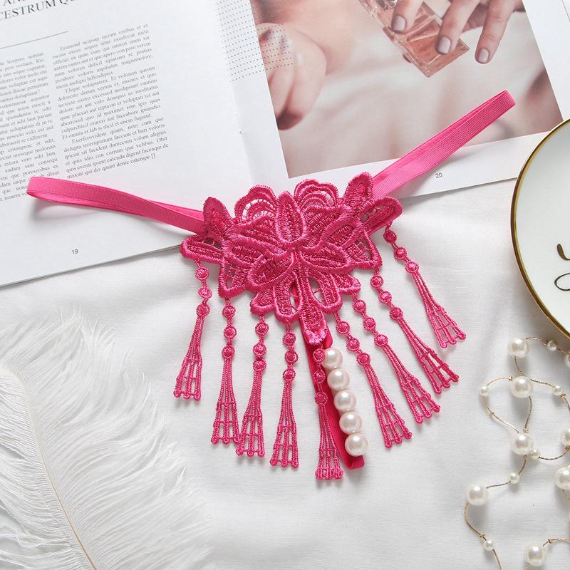 Women Sexy Panties Lace Breathable T-back Briefs Imitation Pearl Flower Embroidered Tassel Panties Temptation Intimates