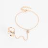 Fashionable European & American Knuckle Ring with Diamond-Studded Leaf Design and Attached Bracelet for Women