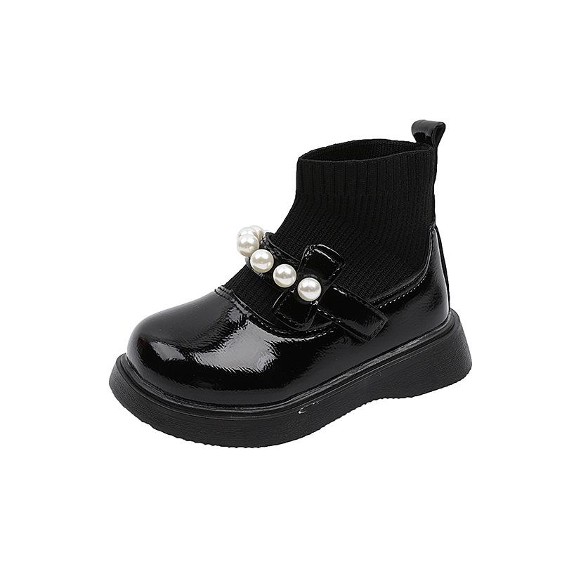 2025 Autumn Girls' Fashion: Versatile Pearl-Adorned Mid-Calf Leather Princess Boots