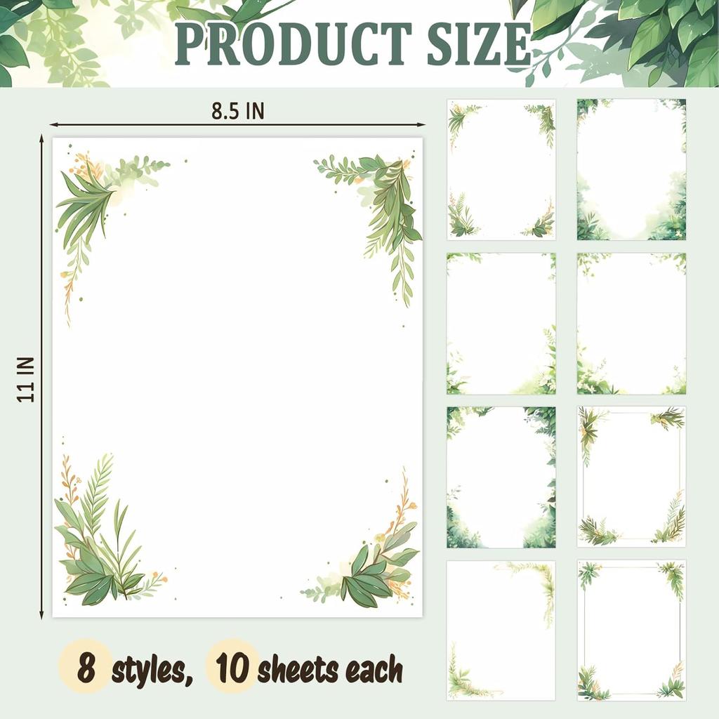Greenery Theme Stationery Letter, 8.5 x 11 Inches, 80 Double-Sided, Pretty Printer Paper, Decorative Paper for Wedding, DIY Drawing, Thank Greeting