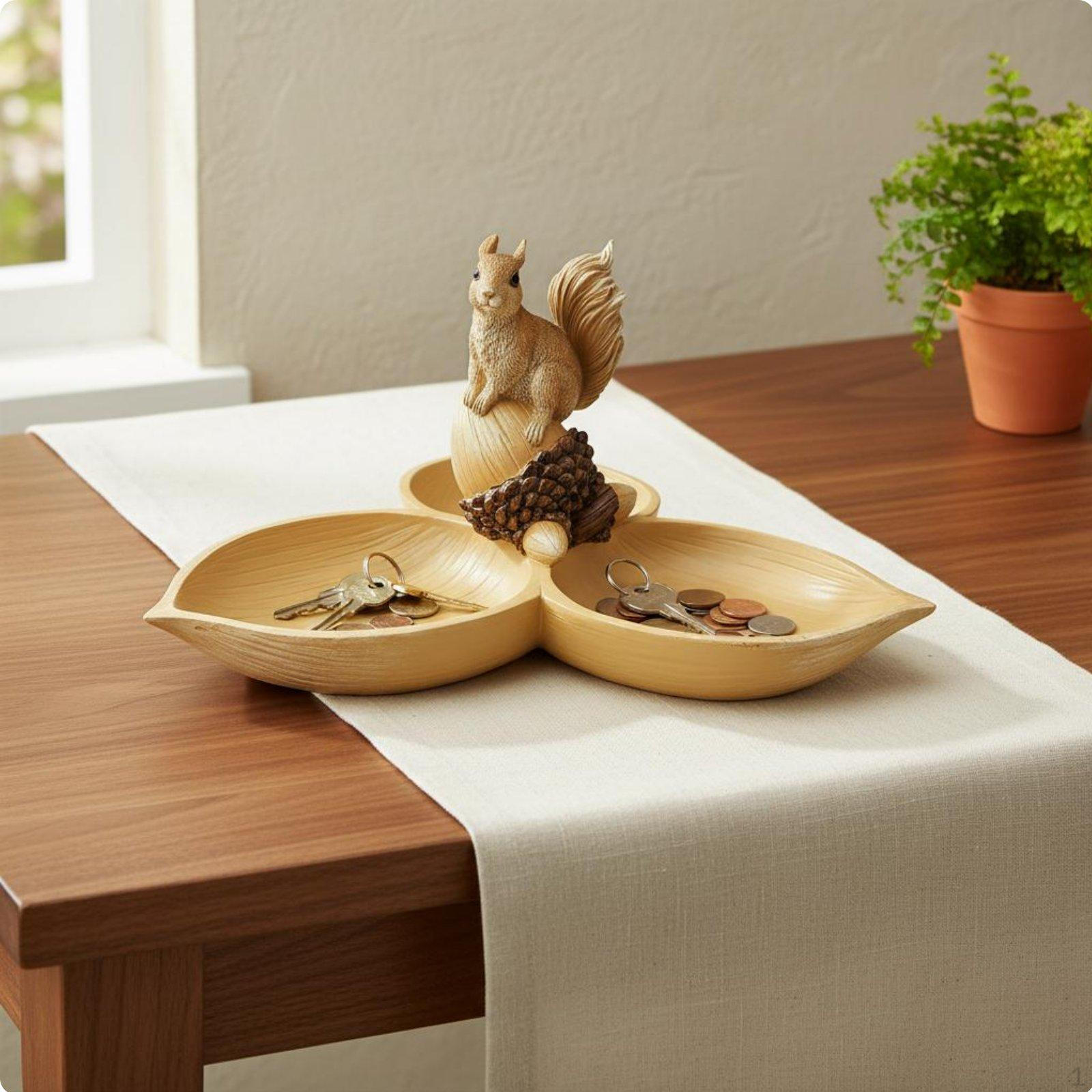 Rodent Organizer Bowl MultiFunctional Squirrel Candy Dish Creative Decorative Household Decoration Yellow with Pinecone