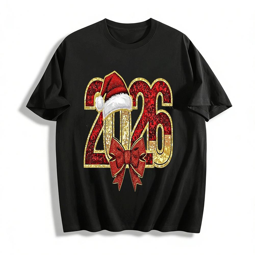 2026 Christmas New Year Glitter Bow Print Casual Top Pure cotton T-shirt XXS