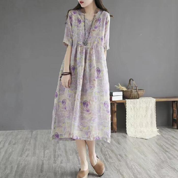 

Large size retro ethnic style floral high waist and thin temperament age-reducing a-word medium and long dress M