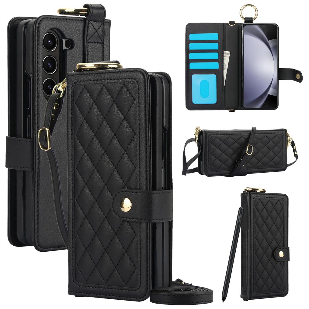 Crossbody Cards Solt Wallet Leather Ring Hold Case For Samsung Galaxy Z Fold 6 5 4 3 5G Wristband Strap S Pen Holder RFID Cover