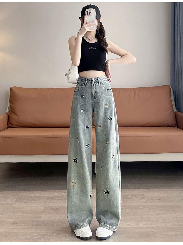 Comfortable Puppy Fun Embroidered Jeans Women Autumn Big Yardage Woman Retro High Waist Skinny Wide-Leg Trousers Jeans for Women Long Denim Pants