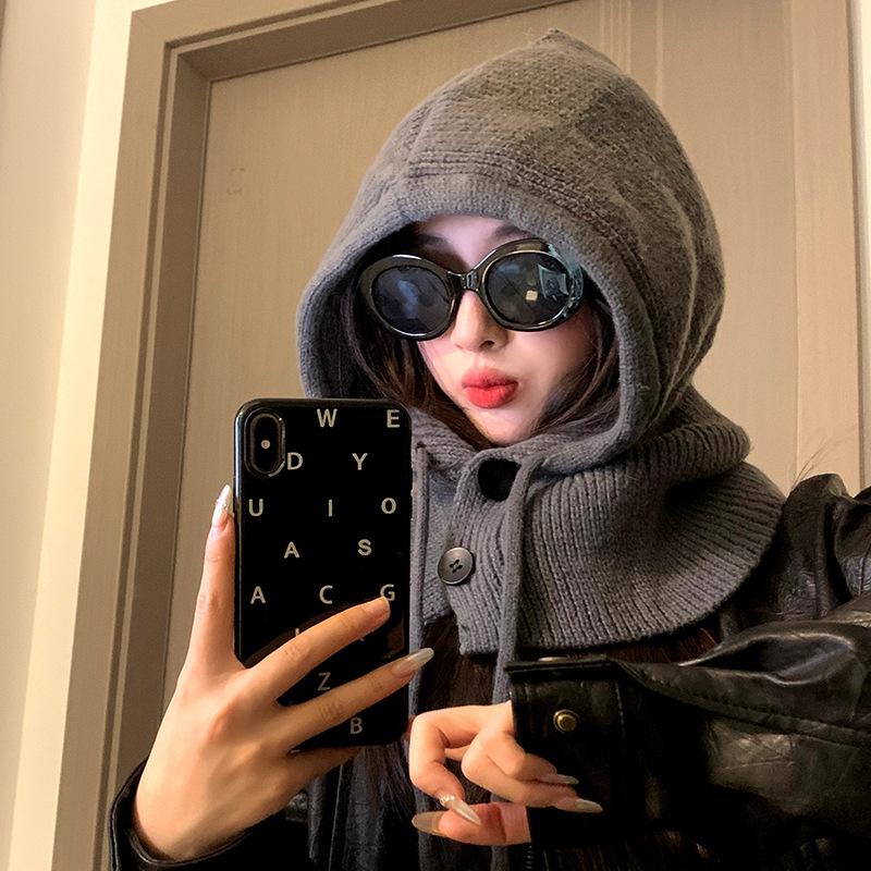 Balaclava Feminino de Alto Padrão à Prova de Vento e Quente Proteção para Orelhas Chapéu de Lã Lenço Integrado Chapéu de Tricô