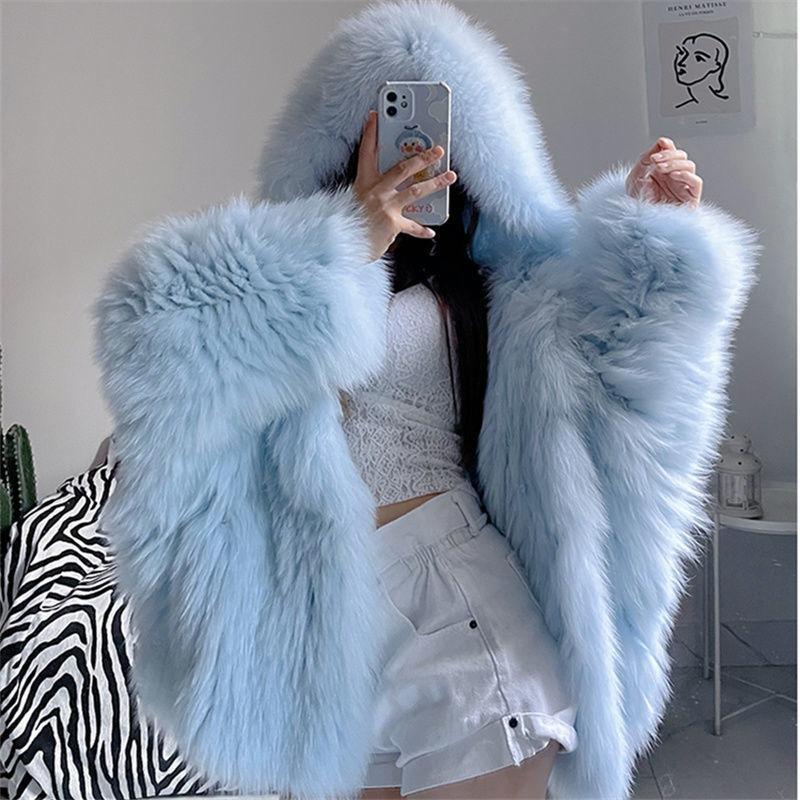 New Imitation Fox Hair Woven Hooded Bat Sleeve Long Sleeve Slim Imitation Fur Fur Coat Women