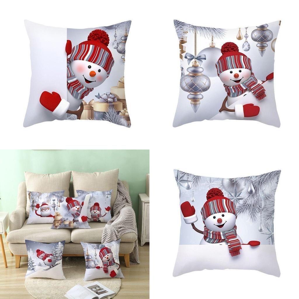 Delightful 18" Christmas Cushion Cover With Santa Claus And Snowman For Festive Sofa Decor