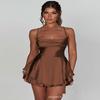 Satin Seide Damen Sexy Cami Playsuits Kleid Solide Wasserfallausschnitt Ärmellos Kurze Jumpsuits Sommer Kreuz Binden Rückenfrei Strampler